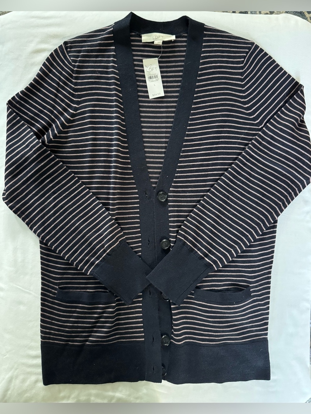NWT LOFT Navy and Pink Striped Button-Front Cardigan Sweater with Pockets, Large
